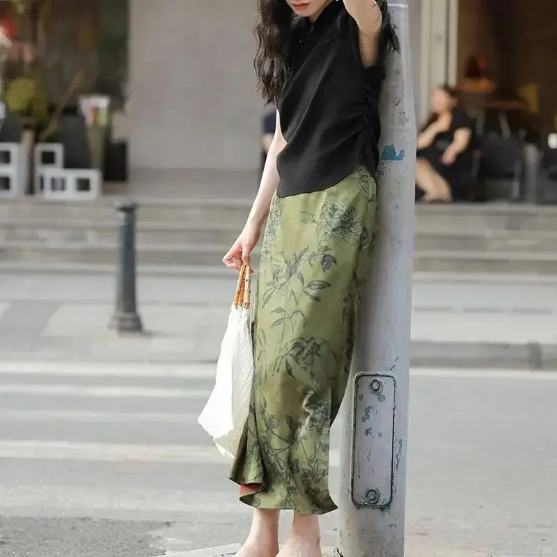 ฤดูร้อนใหม่ซาตินกระโปรงผู้หญิงวินเทจจีนพิมพ์สูงเอว Slim ห่อสะโพกแยกกระโปรงยาวหรูหราเสื้อผ้าแฟชั่น