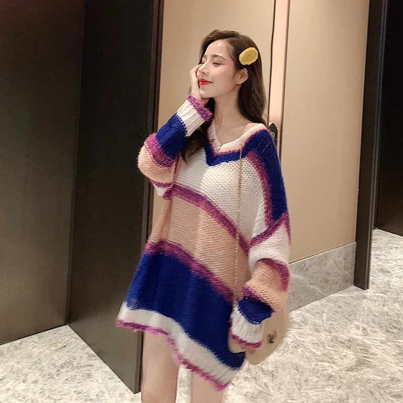 

Women Loose Top Autumn Temperament New V-neck Striped Hollow Long-sleeved Mohair Sweater Blouse