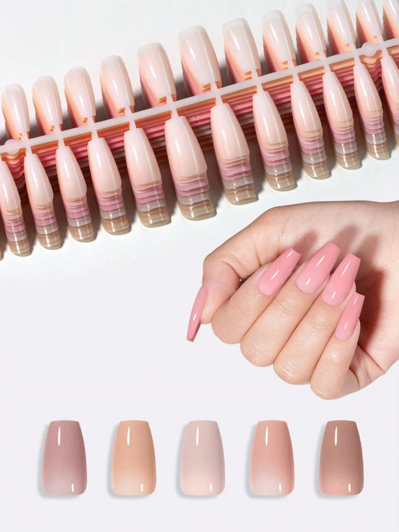 112/140 Mittelgroße, schlichte, einfarbige Press-on-Nagelpatches im Sarg-Stil, Acryl-Kunstnägel in Nude-Rosa, geeignet für Frauen und Mädchen.