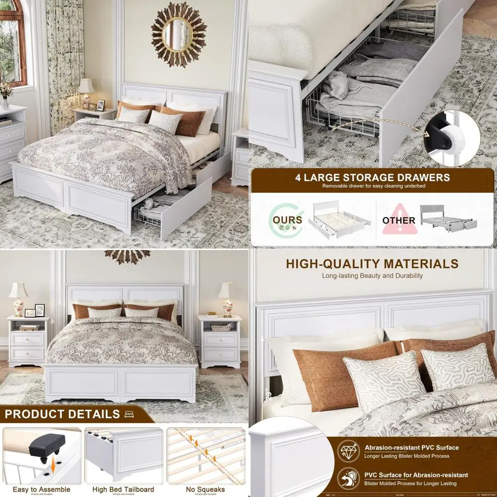 Yechen Queen-Size Platform Bed Frame with Headboard and 4 Storage Drawers - Sturdy Wood Construction, No Box Spring Required