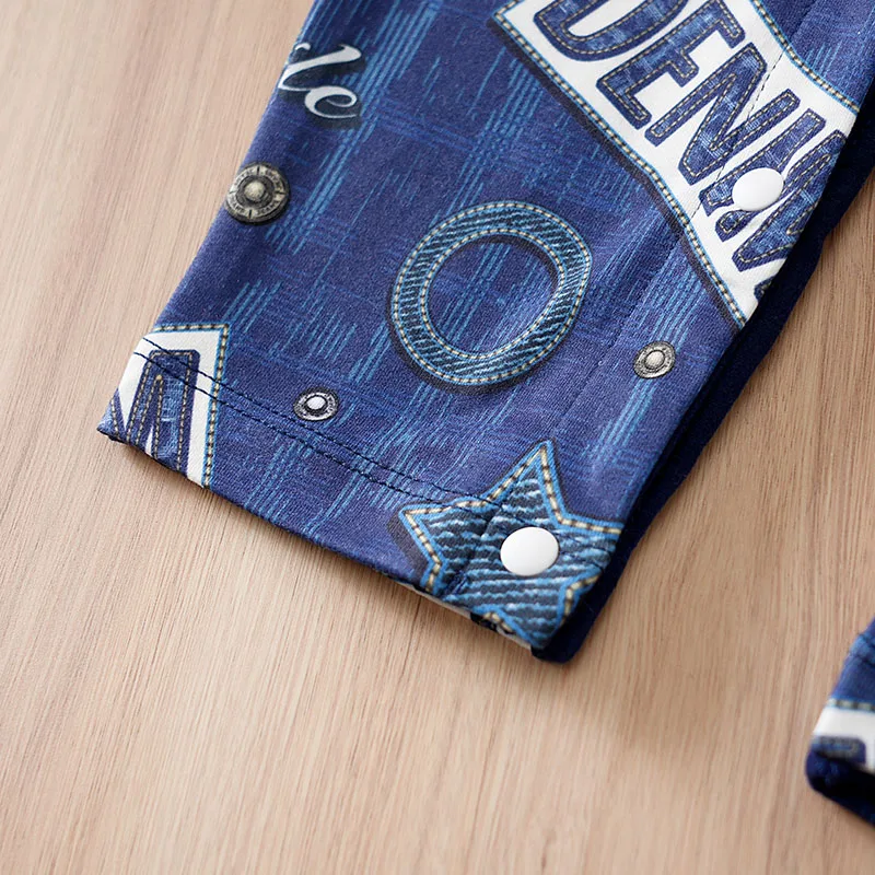 0-24M Baby Boys Romper Long Sleeve Blue Denim Print Cotton Bodysuit with Front Pocket Casual Outfit