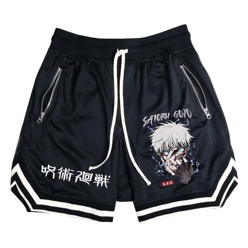 Basketball Shorts Men Striped Running Sport Gym Anime Jujutsu Kaisen Shorts Mesh Breathable Fitness Training Workout Bottom Male