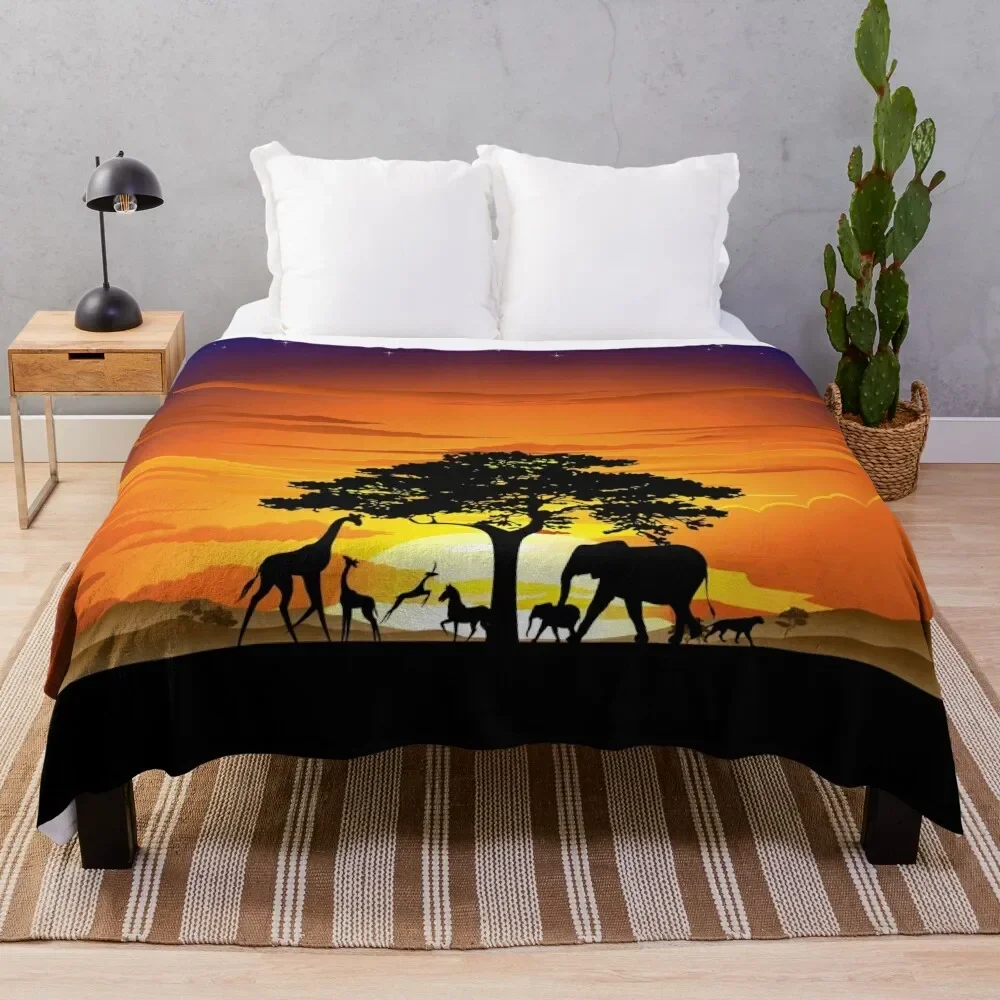 Wild Animals on African Savanna Sunset Throw Blanket blankets and throws cosplay anime Bed Flannel Fabric Blankets