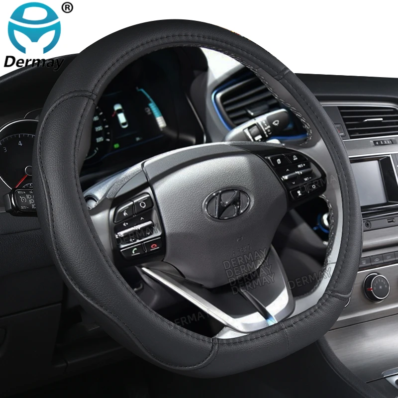 DERMAY Steering Wheel Cover D Shape for Hyundai ioniq 2016 2017 2018 2019 2020 2021 2022 PU Leather Car Styling Auto Protector