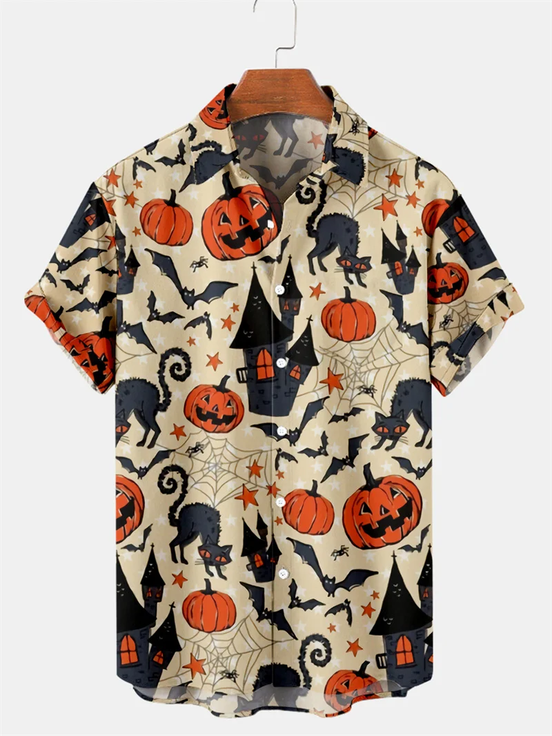 Halloween Pumpkin Head Print Summer Men\'s Shirts Casual Oversized Short Sleeve Fashion Single-Breasted Blouses Trend Men Clothes