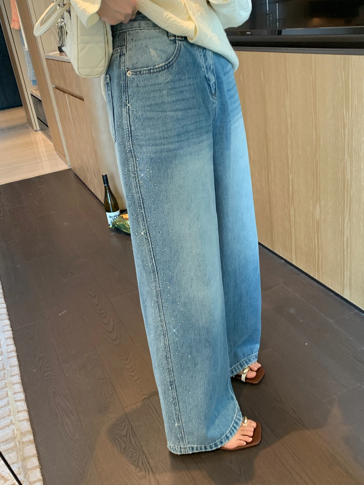 

Slimming Design Side Rhinestone Denim Jeans High Waist Cotton Straight Leg Micro Stretch Spring Ladies Fashion Benxe New 130