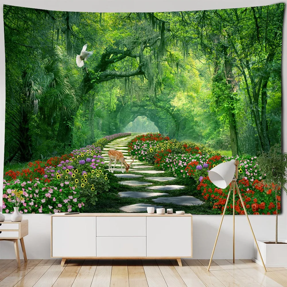 Forest Landscape Tapestry Wall Hanging Printed Background Poster Hippie Office Wall Decoration Living Room Fabric Mural