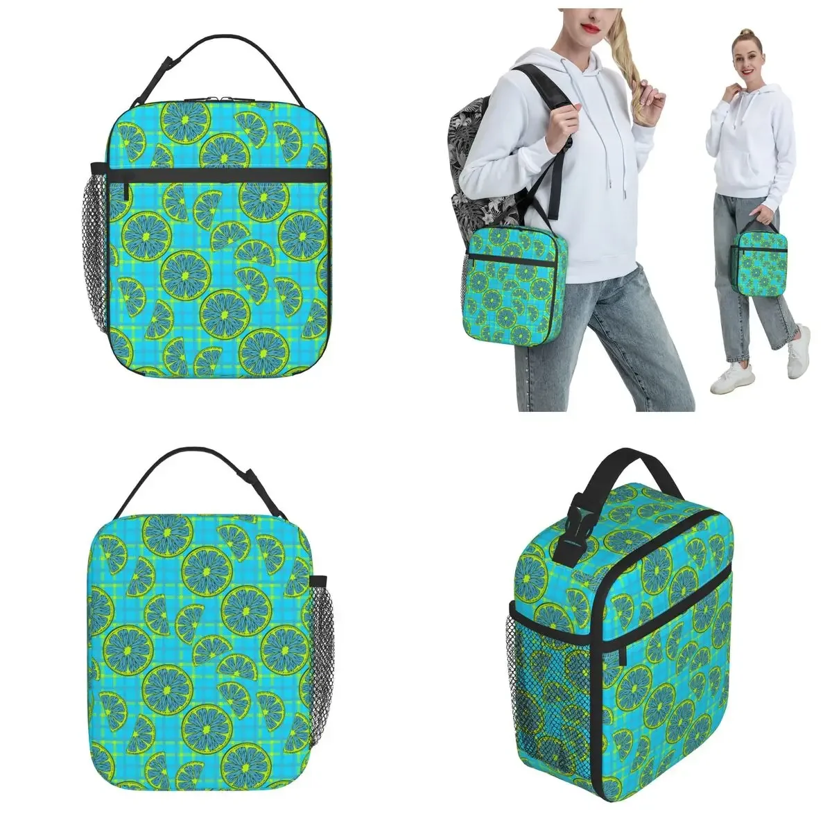 Insulated Lunch Tote Bag Blue Citrus On A Checkered Background Storage Food Box Causal Thermal Cooler Lunch Box For School