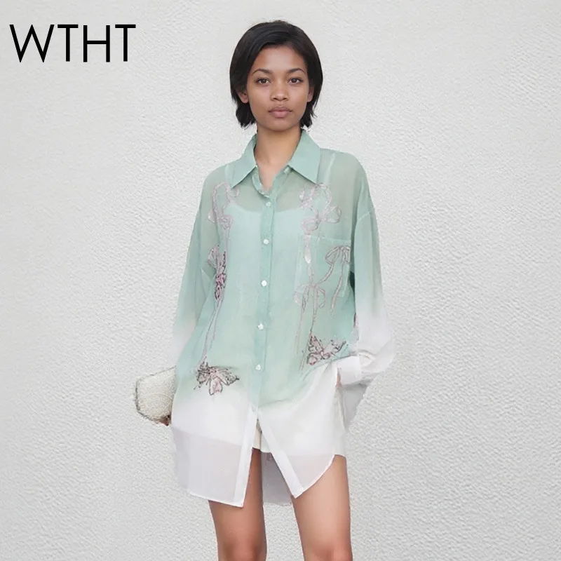 

WTHT New Trendy Women's Gradient Embroidery Gauze Shirt 2025 Summer Fashion Turn-down Collar Long Sleeves Blouse Female 1LS2184