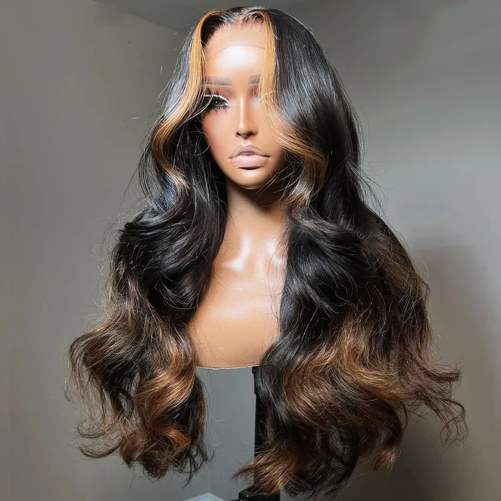 Highlights 30# Body Wave Wig 13x4 Lace Front Wig Black Wig with Brown Color 13x6 Lace Frontal Human Hair Wigs For Women 30 Inch