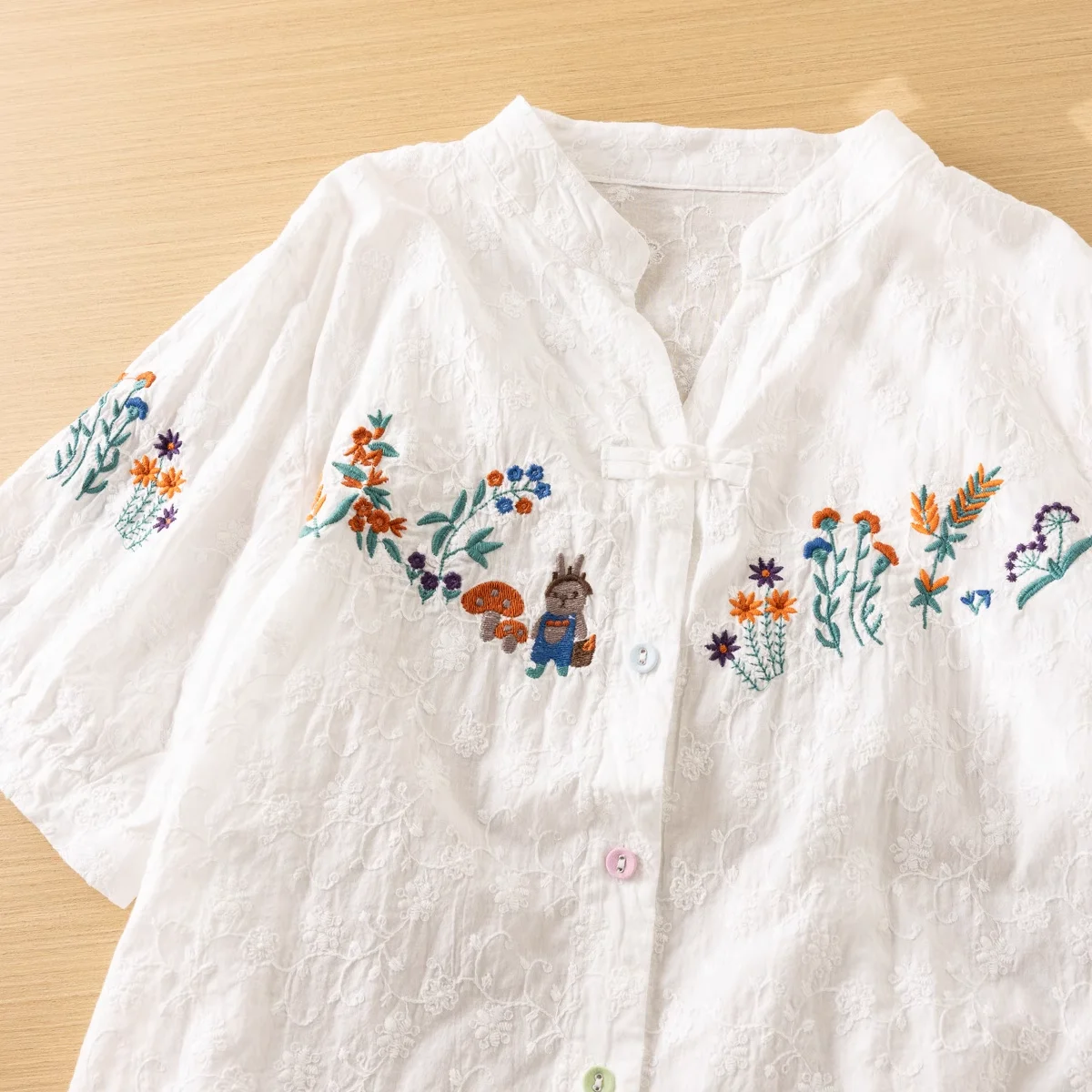 Mori girl style lace floral cartoon embroidery shirts and blouses Chinese buttons cotton tops female summer women\'s clothing