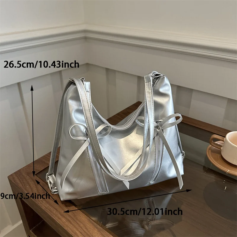 Bow Design PU Leather Shoulder Bag For Women Korean Fashion Underarm Bag Handbags Lady Silver Backpacks