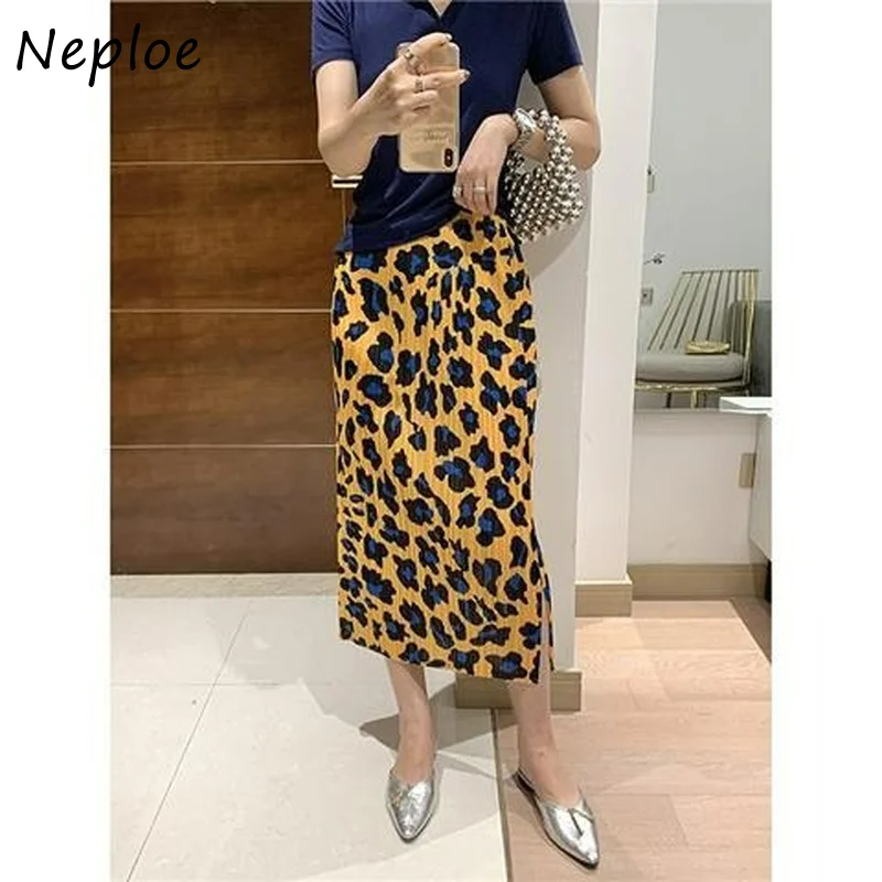 Neploe High Waist Leopard Skirt 2024 Korean Summer Office Lady Elegant Simple All-match Jupe Split Pleated Slim Mujer Faldas