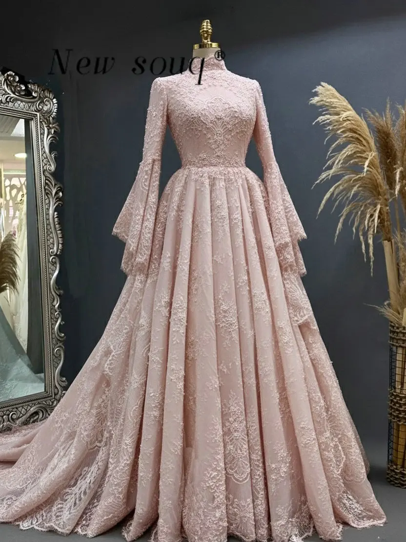 

2026 Дубай, расклешенные кружевные вечерние платья с длинными рукавами, индивидуальные пышные трапециевидные платья с рюшами для свадебного приема и вечеринки для официальных мероприятий