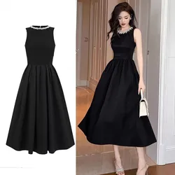 2024 New Hepburn Style Summer Black Prom Party Ball Gown Dress Elegant Women Pearl Beaded O Neck Sleeveless Tank Midi Vestidos