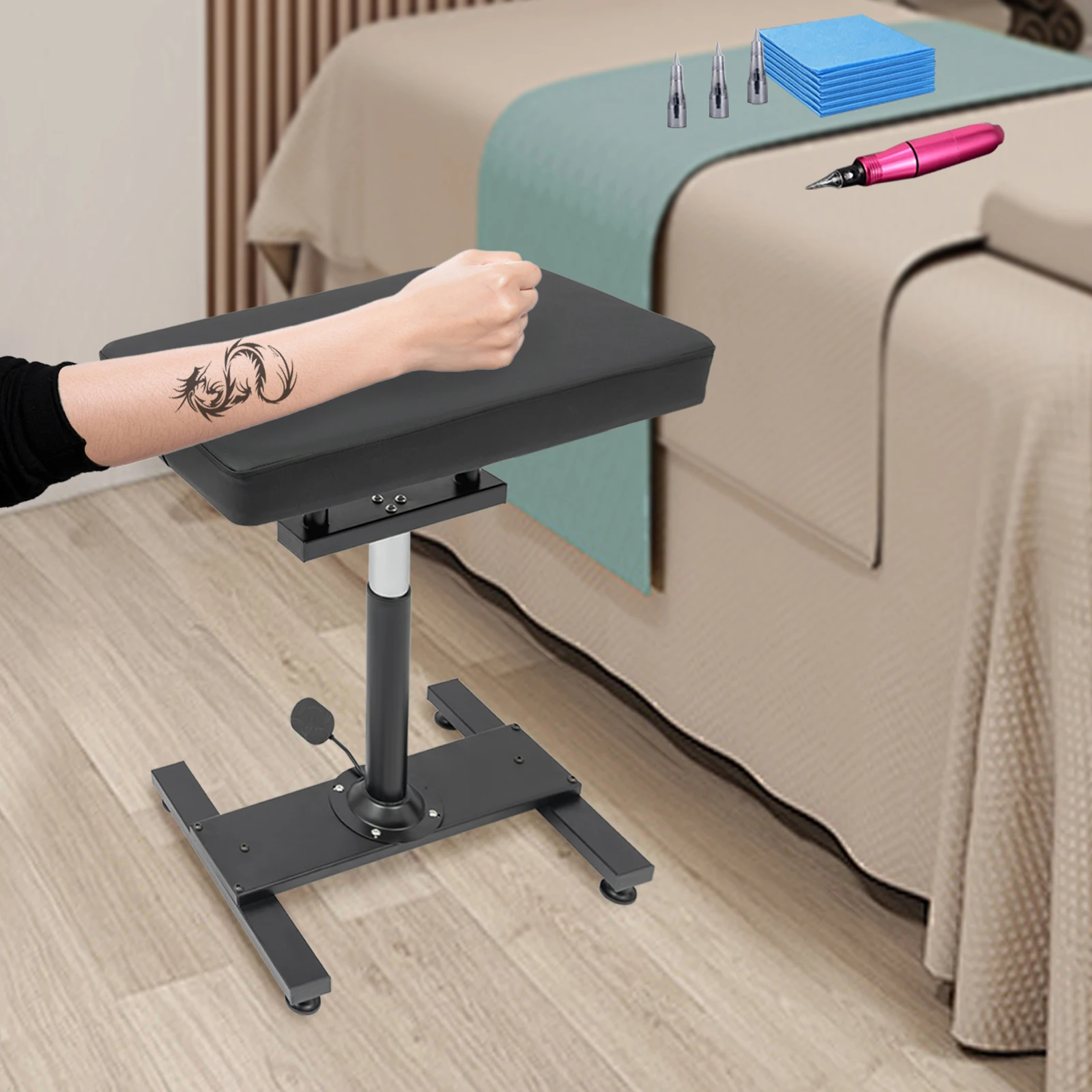 Tattoo Arm Rest Black Armrest Tattoo Station with Soft Sponge Pad Hydraulic Adjustable Height & Tilt Tattoo Armrest Stand