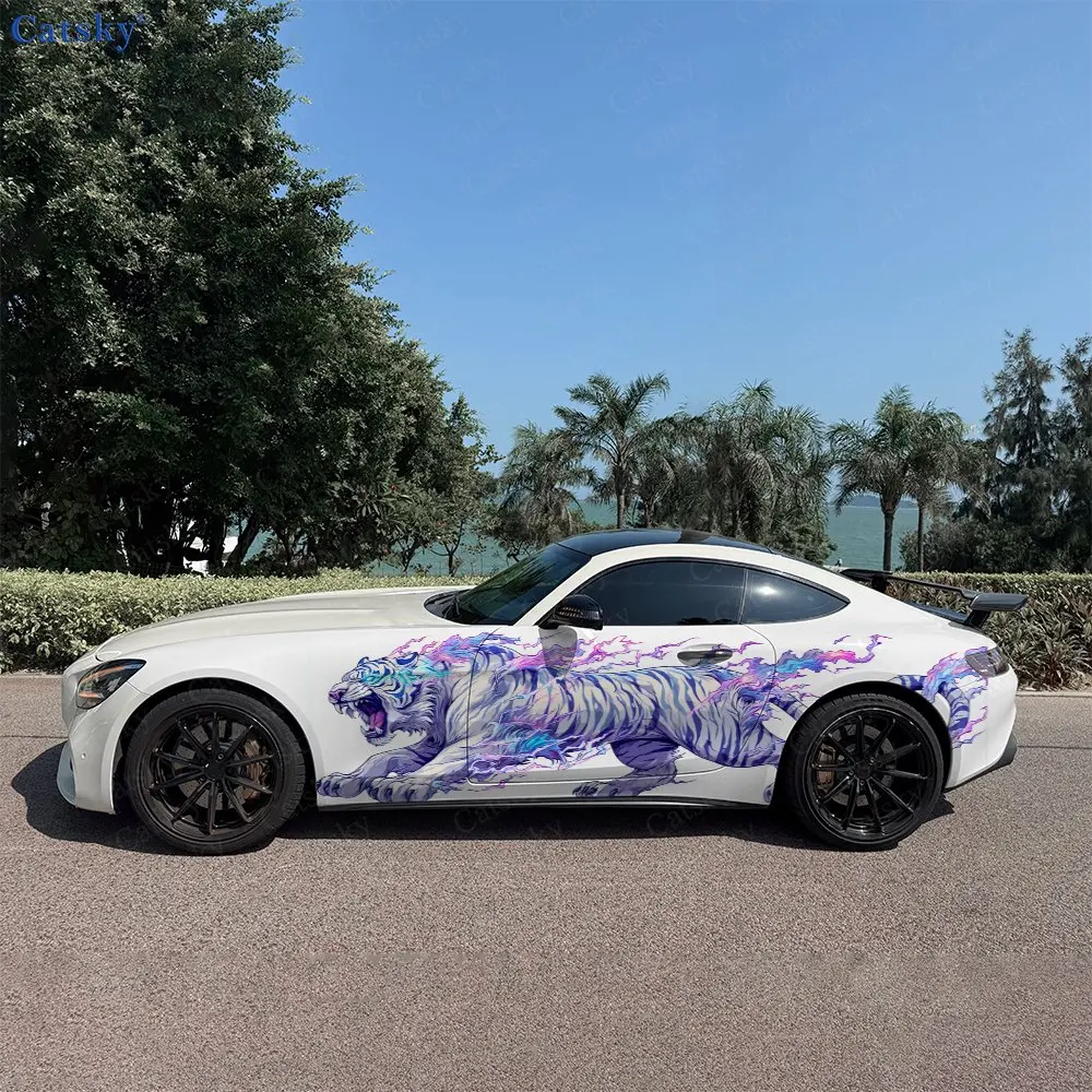 2pcs Cyber Lightning White Tiger Car Side Wraps, Self-Adhesive PVC Waterproof & Scratch-Resistant Stickers, Car Accessory Gift