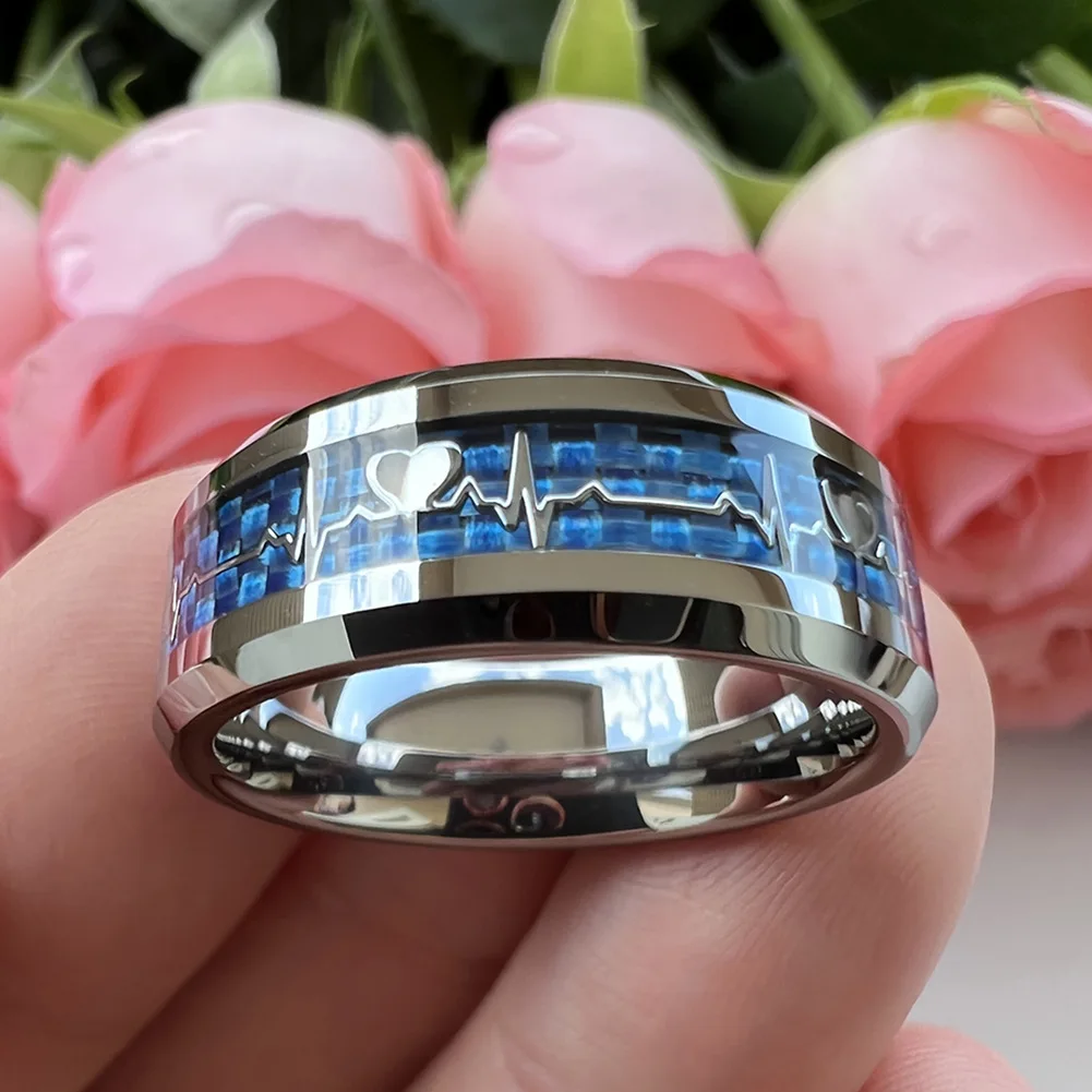 Fashion 8mm SilverBlue Carbon Fiber Heart Inlay Tungsten Carbide Engagement Rings Wedding Bands Domed Polished Shiny Comfort Fit