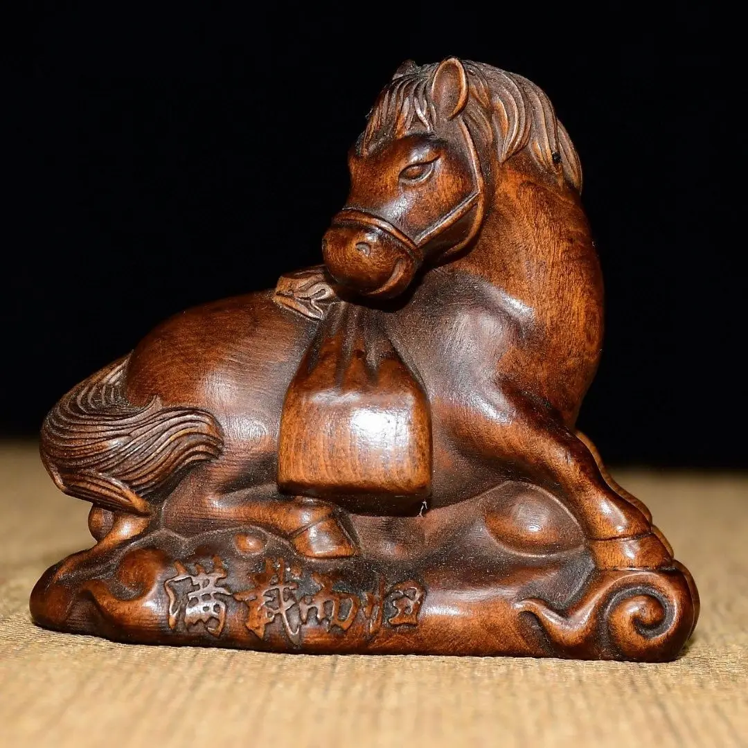 Hand Carved Wood carrying a bag horse Statue Figurine Desktop Ornaments Home Decoration Crafts Tea Pet Decor