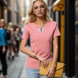 2024 V Neck 100% Cotton T Shirt Women Summer Fashion Short-Sleeve Tops Women Plus Size T-shirt Loose Korean Style Female Blouse