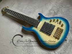 6 String Bass Guitar Blue Basswood Body Squilted Maple Top 3 Pickup Golden Bridge Active battery 2 Mini switch Rosewood  24 Fret