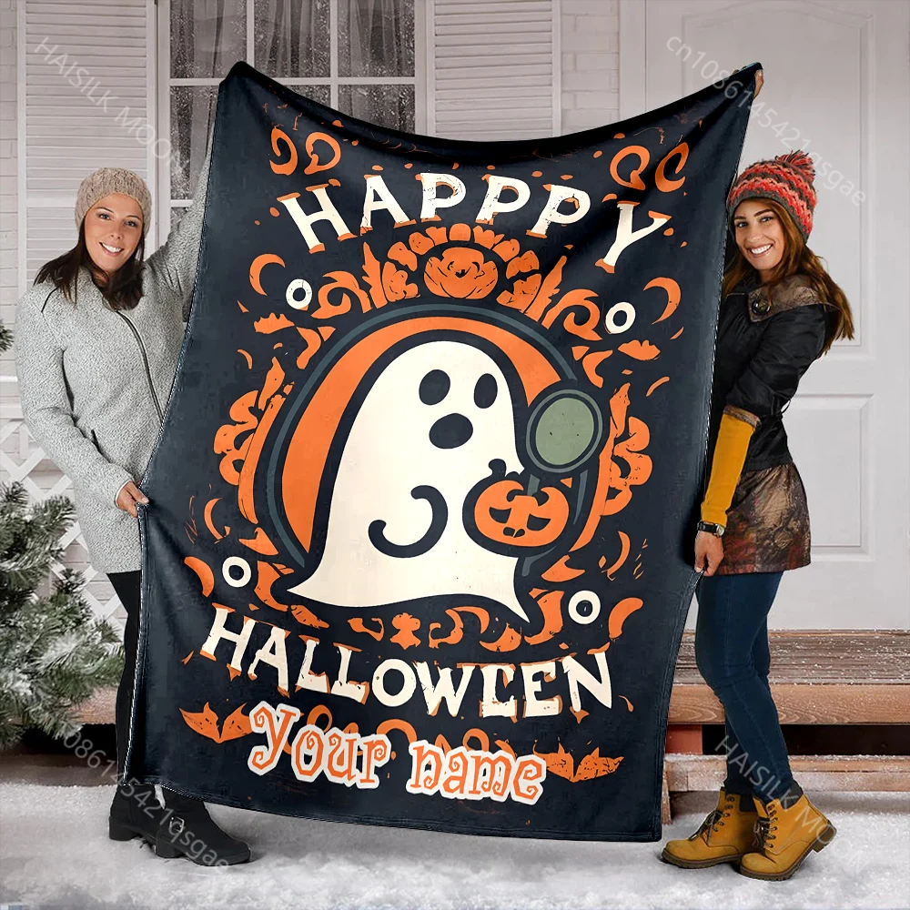 

Одеяло с индивидуальным именем «сделай сам», с принтом «Счастливый Хэллоуин», пушистая мягкая фланель для дома, дивана, путешествий, дома на колесах, праздничные подарки, быстрая доставка