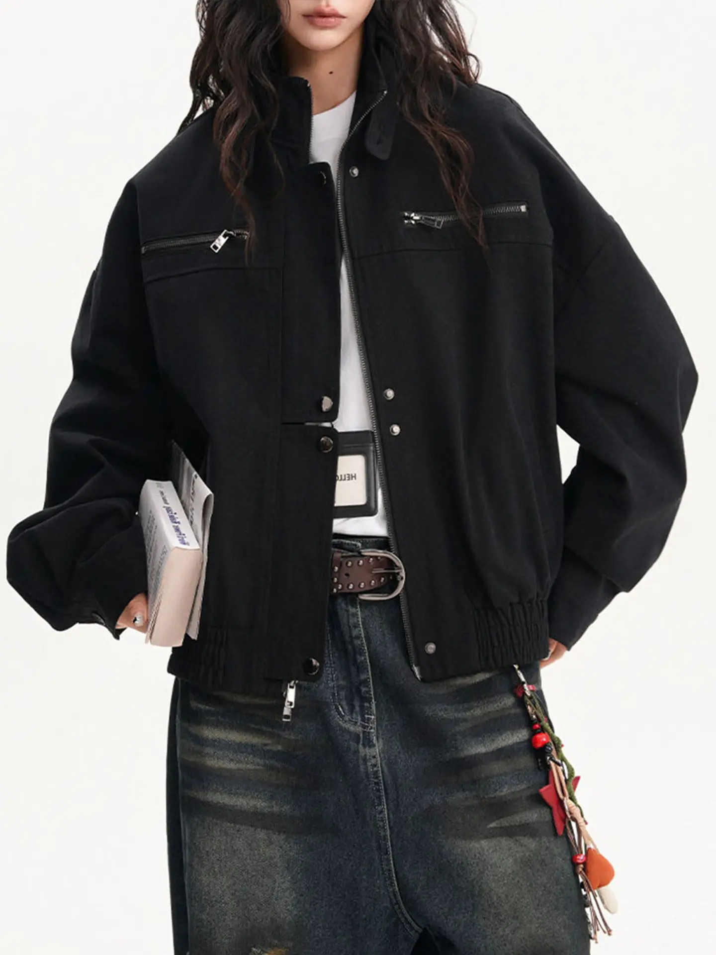 Korean Style Women's Jackets Turn-down Collar Solid Color Casual Zipper All-match Menswear Loose Male Coats Autumn