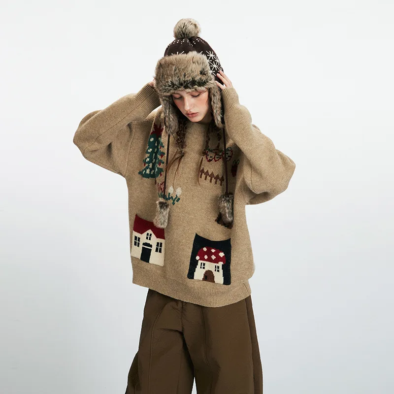 

Women's New Arrival Winter Christmas Knitted Sweater Crew Neck House Tree Pattern Oversized Warm Beige/Red Fashion Top