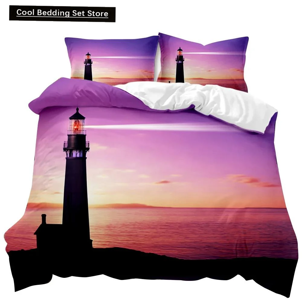 Lighthouse Duvet Cover Ocean Comforter Cover Nautical Quilt Cover Sunset Nature Double Queen King Size Polyester Bedding Set