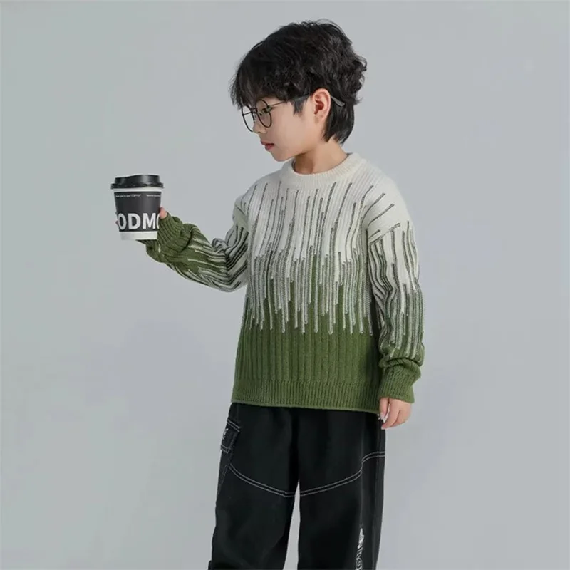 Boys Woolen Sweater Crochet Cotton Windbreak 2024 Scoop Plus Thicken Autumn Winter Teenagers Christmas Gift Warm Children's Clot