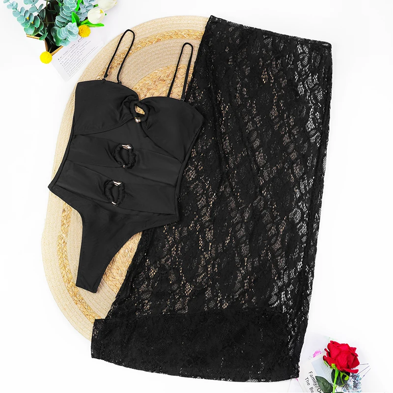 Conjunto de Bikini de encaje Sexy para mujer, traje de baño de 3 piezas, vestido Maxi, ropa de playa a la moda, traje de baño para mujer 2025