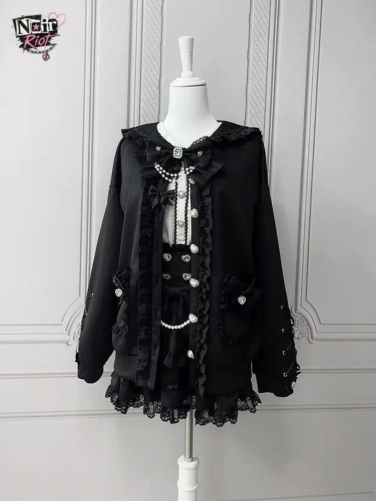 Gothic Lolita Coquette Japanese Subculture Women Oversized Ruffle Lace Bow Pearl Heart Rhinestone Pocket Lace Up Sleeve Jacket