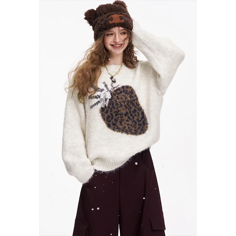 ELFSACK Minimalist Casual Loose Fruit Graphic Lace Bow 3D Embellishment Round Neck Sweater For Women