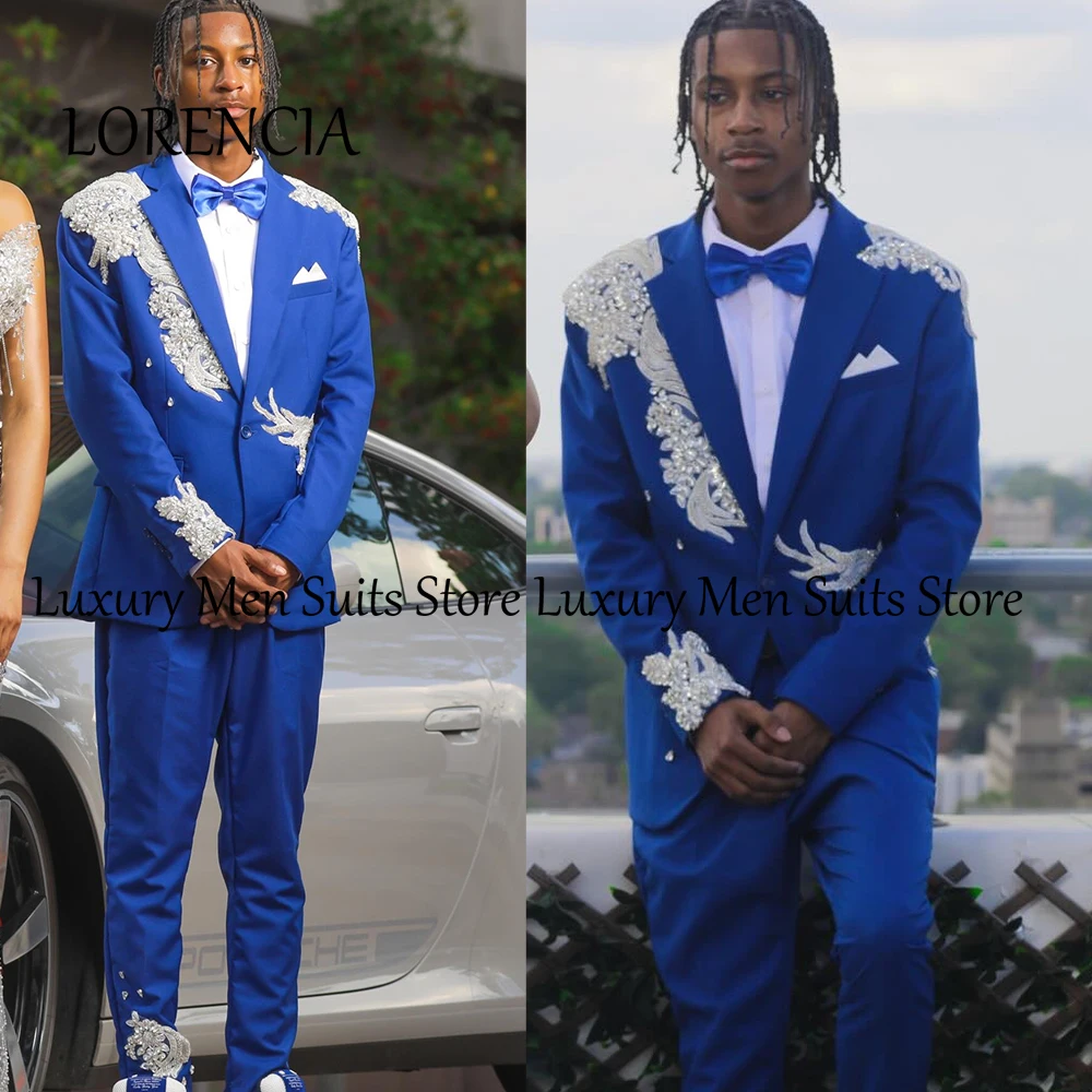 

Shining Diamond Suits for Men 2 Pieces Glitter Applique Wedding Party Outfits Customized Prom Blazer Pants vestidos de novia
