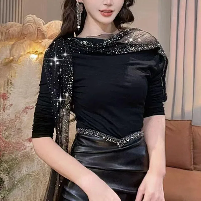 

Новая сексуальная сетчатая осенняя футболка для тяжелой промышленности, облегающий топ с длинными рукавами и тонким низом для женщин