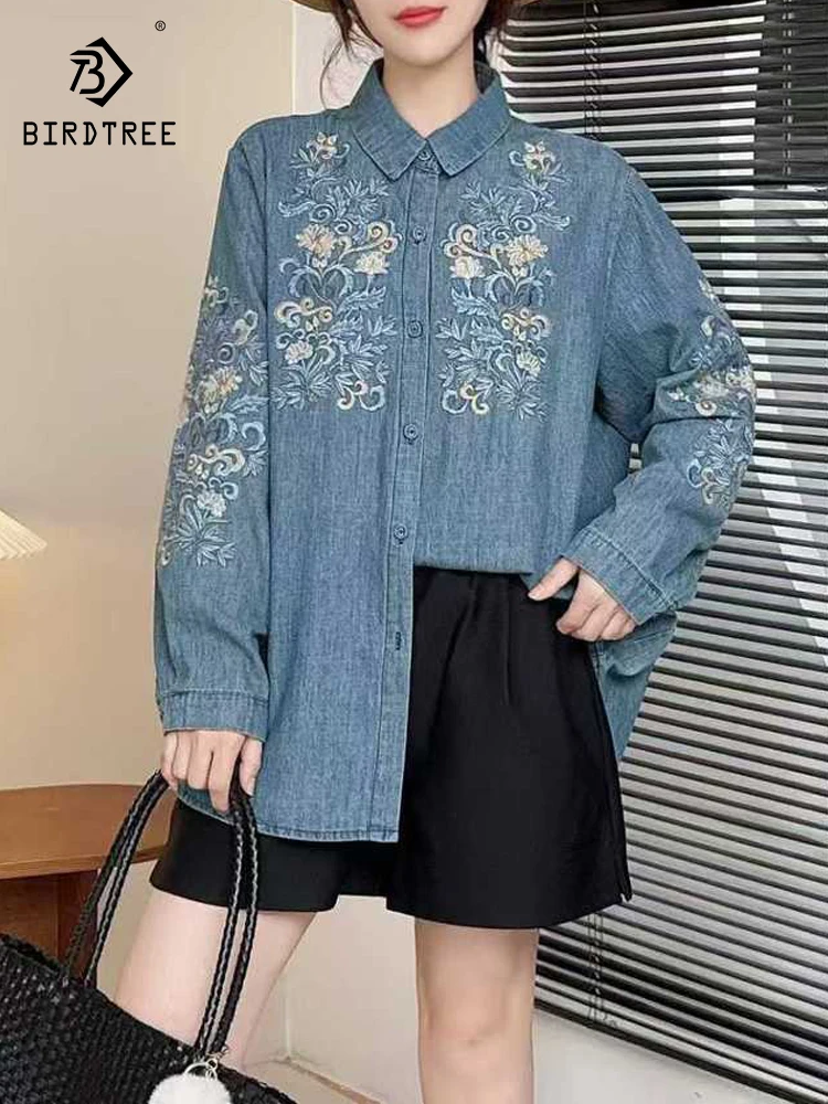 

Новинка 2025, осенняя джинсовая рубашка с длинными рукавами, женская вышивка с отложным воротником, свободная блузка Mori Girl French Age Reduction T5O755CC