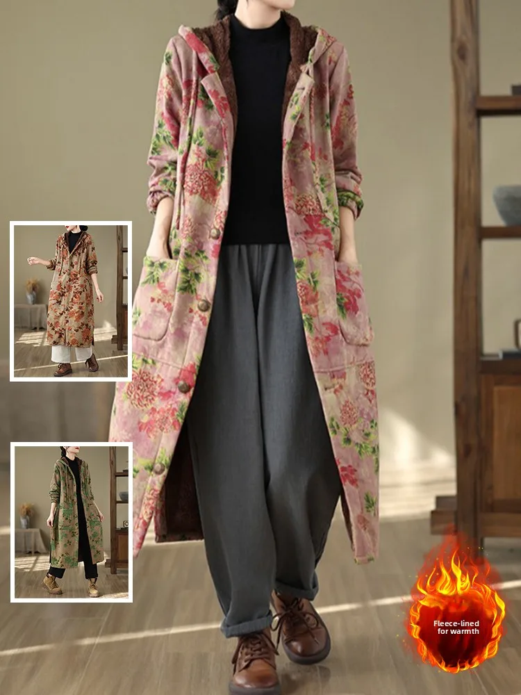 

Теплое пальто с цветочным принтом в стиле ретро, женский модный длинный открытый кардиган выше колена на подкладке, большой размер