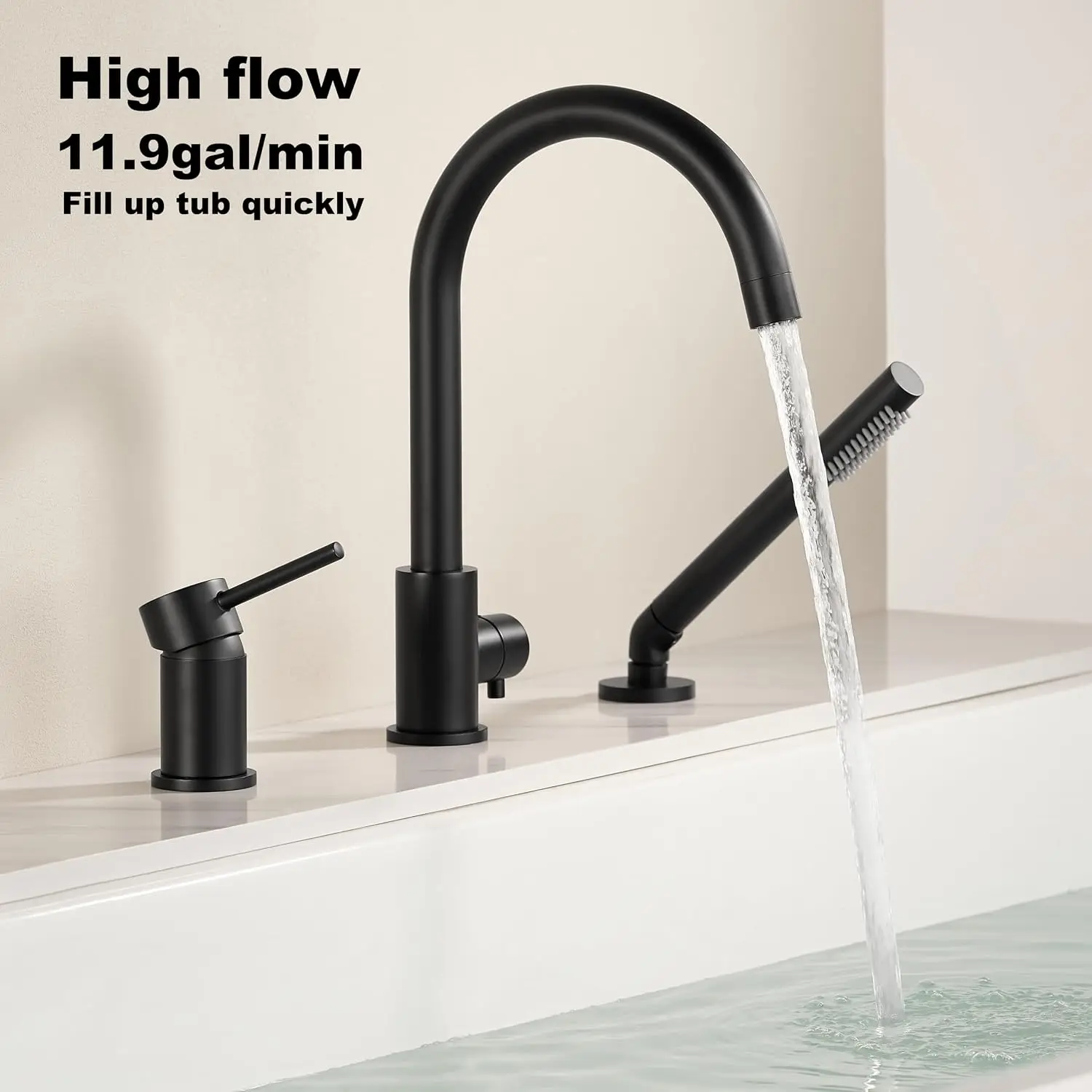 Deck Mount Tub Faucet Black with Sprayer High Flow Bathtub Faucets Brass Tub Filler Bathroom Faucets with Handeld Shower Mounted Roman