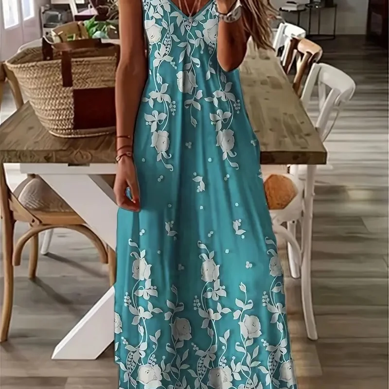 

2025 Vintage Ethnic Print Women's Dress Summer Everyday Casual Women's Sleeveless Dress Street Fashion Women's V-neck Dress