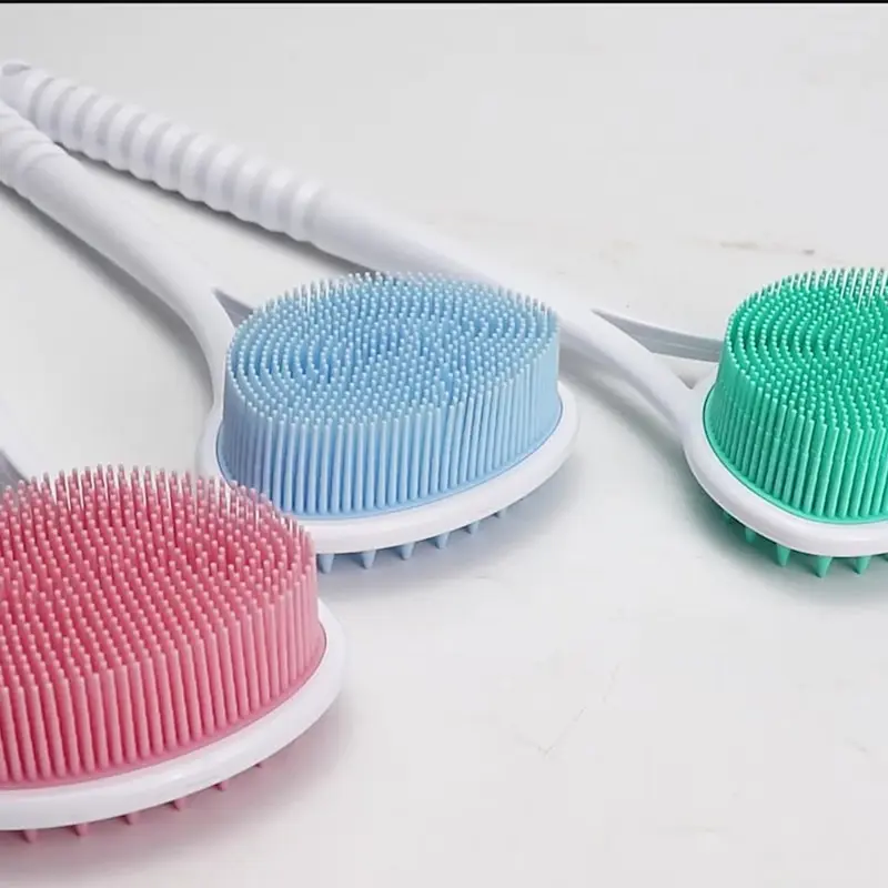 Bath Brush With Long Handle Silicone Doubleside Back Cleaning Soft Bristles Scrubber Massage Brush Washing Tools 1pc