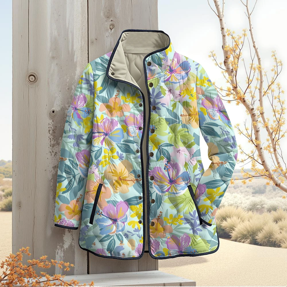 

Женская куртка с ярким цветочным принтом на осень-зиму, винтажная верхняя одежда с воротником-стойкой и пуговицами, модное теплое повседневное пальто в стиле ретро