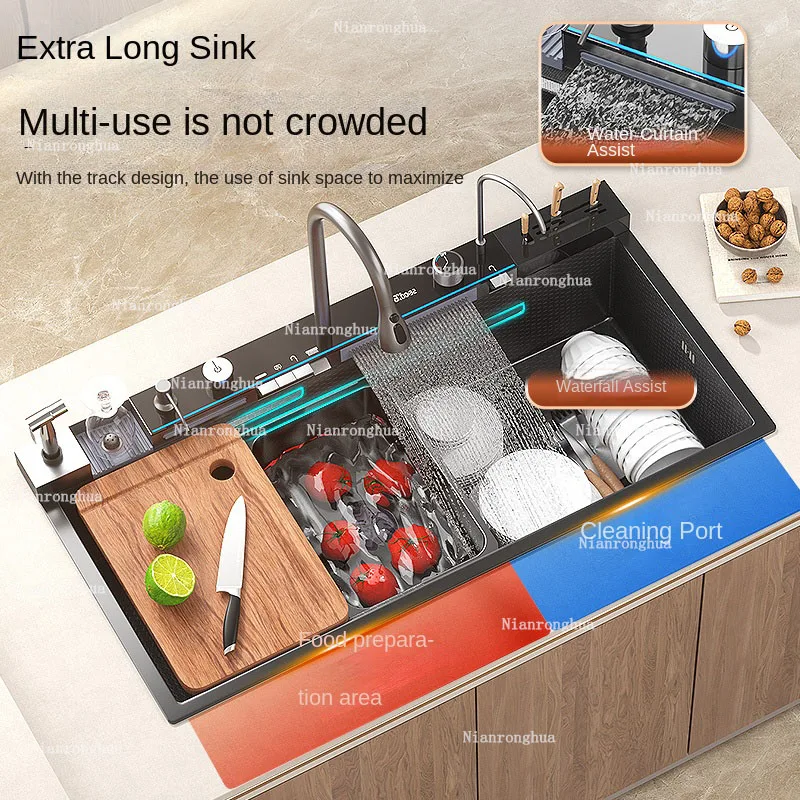 Wastafel Baja Tahan Karat 304 Tampilan Digital Mangkuk Tunggal Wastafel Dapur Hitam Perak Emas Sarang Lebah Air Terjun Dapur Rumah Tangga