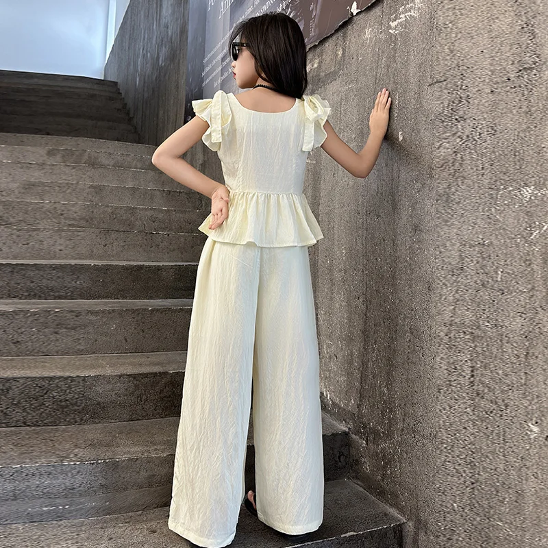 2026 Summer Girl Outfit Cotton Flutter Sleeve Blouse Top + Pants 2 Pcs Clothes Suit Kids Child Casual Streetwear Clothing Set
