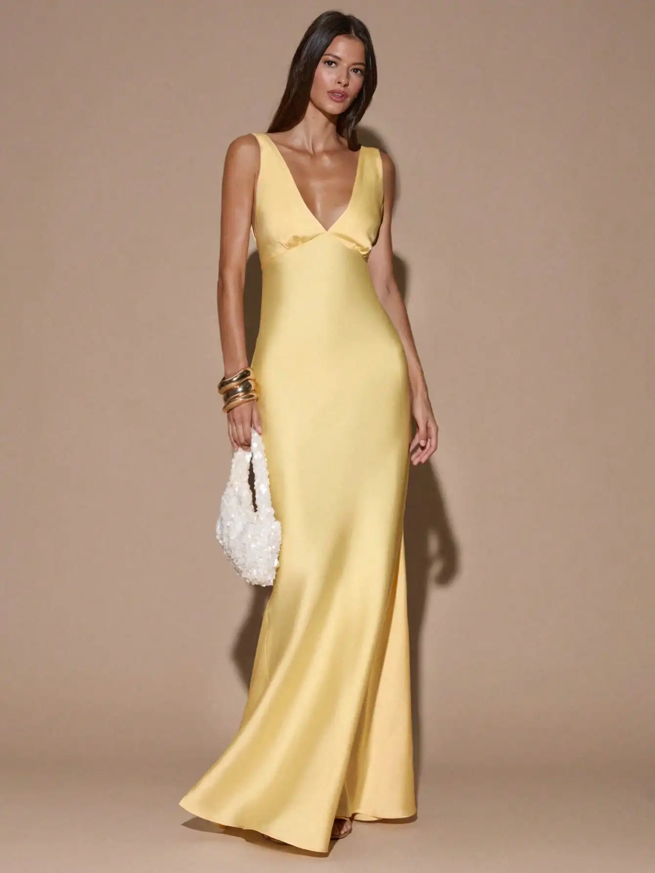 

Elegant Yellow Deep V-Neck Sleeveless Backless Tie Maxi Dress For Party Cocktail Formal Occasion