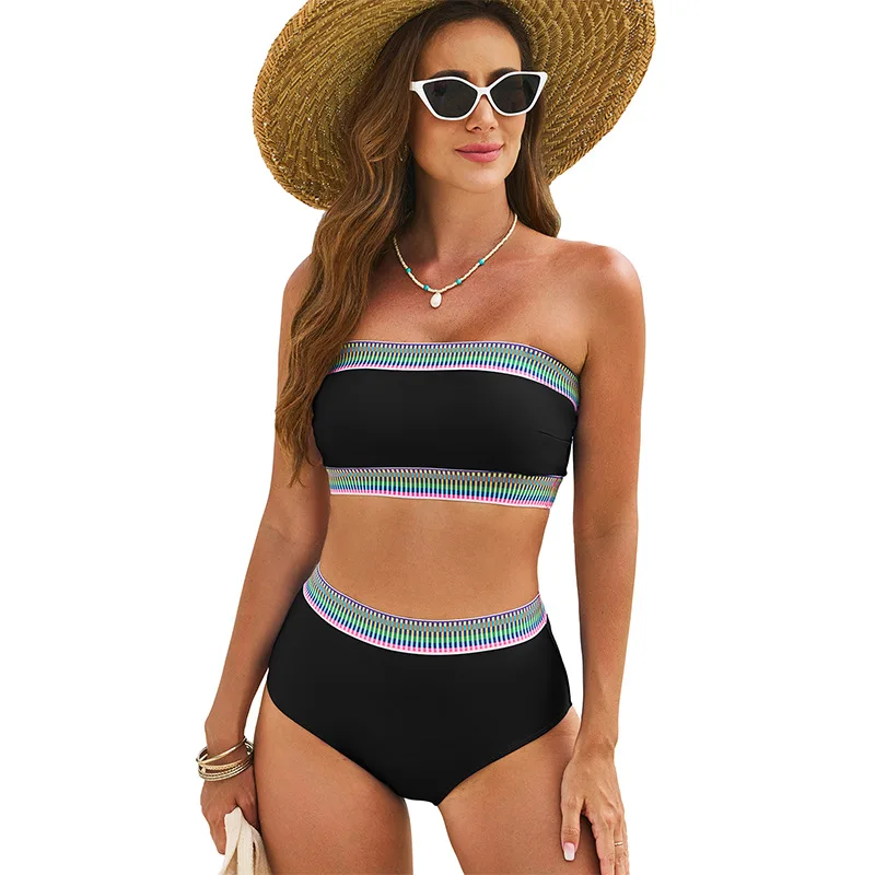 Diramon Border-Biquíni Feminino, Roupa Banho Natural, Cor Contraste, Verão, Férias de Praia, Estilo Simples, Nova Chegada