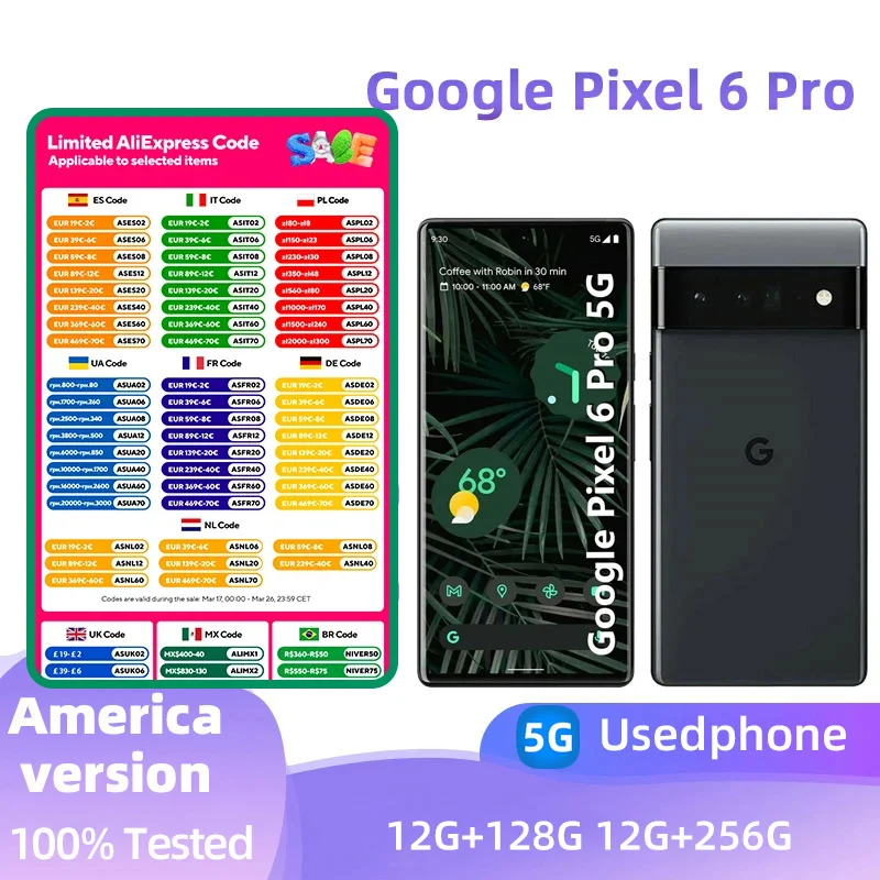 هاتف Google Pixel 6 Pro 6Pro 5G بشاشة 6.7 بوصة وذاكرة وصول عشوائي 12 جيجابايت وذاكرة قراءة فقط 128 جيجابايت/256 جيجابايت NFC ثماني النواة لهاتف Google Tensor الأصلي غير مقفول