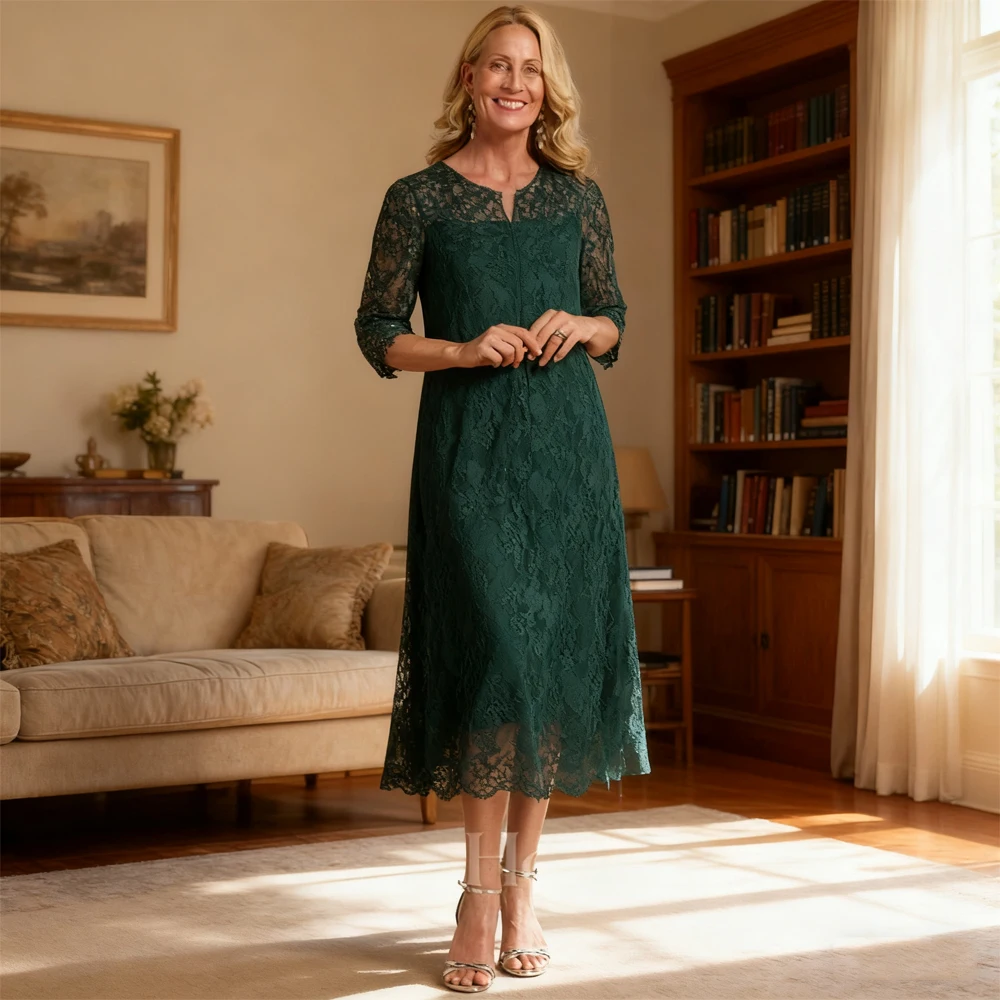 

Scoop Green Mother of the Bride Dresses 2025 Simple A-Line Wedding Guest Gowns 3/4 Sleeve Elegant Dress Women For Wedding Party