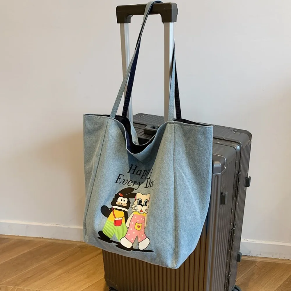 Двусторонняя большая сумка с мультяшными животными, легкая сумка на плечо, джинсовая синяя сумка, большая вместительная мягкая женская парусиновая сумка для покупок