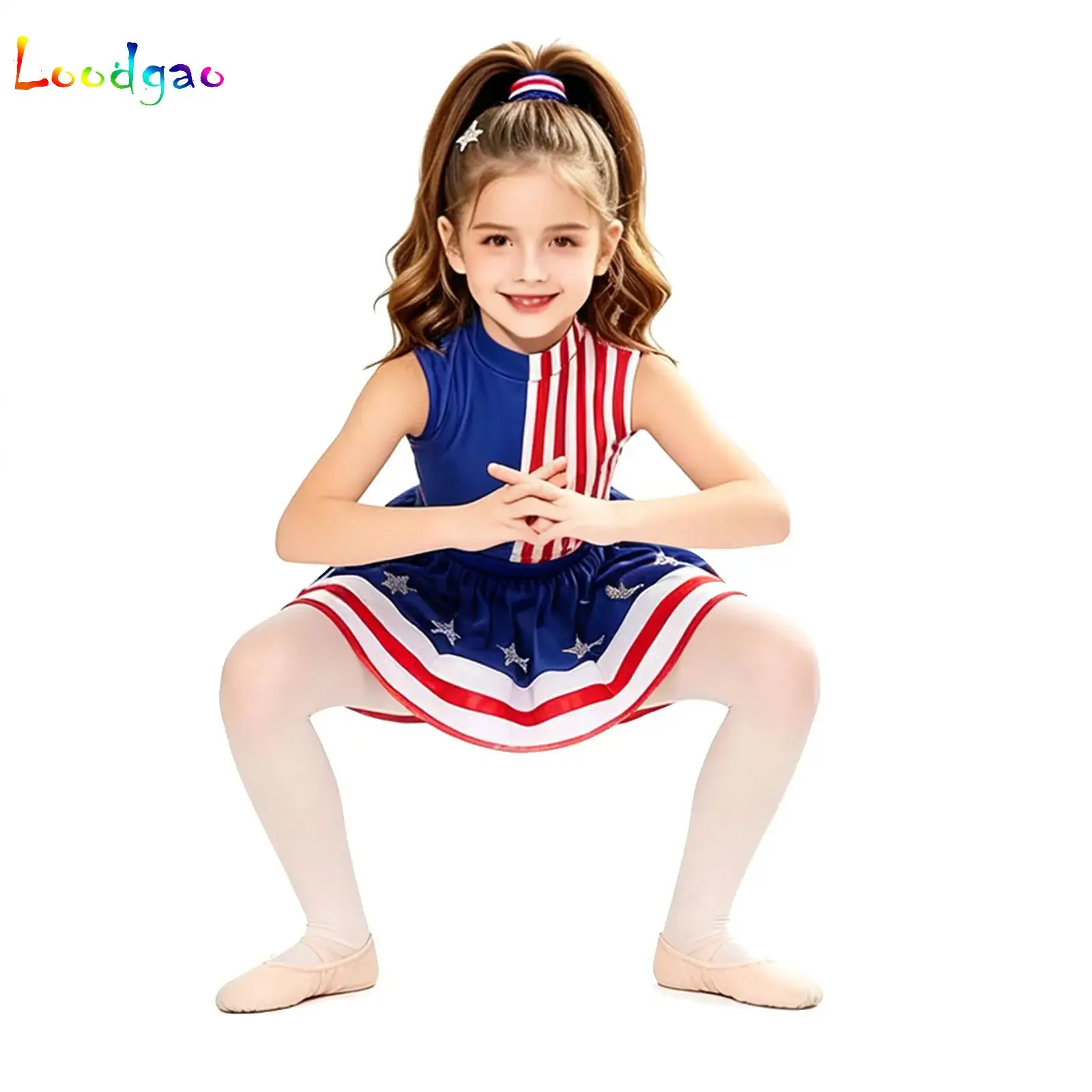 Kids Girls Cheer Team Cheerleading Performance Outfit Color Block Striped Crop Top with Rhinestone Skirt Ballet Modern Dancewear