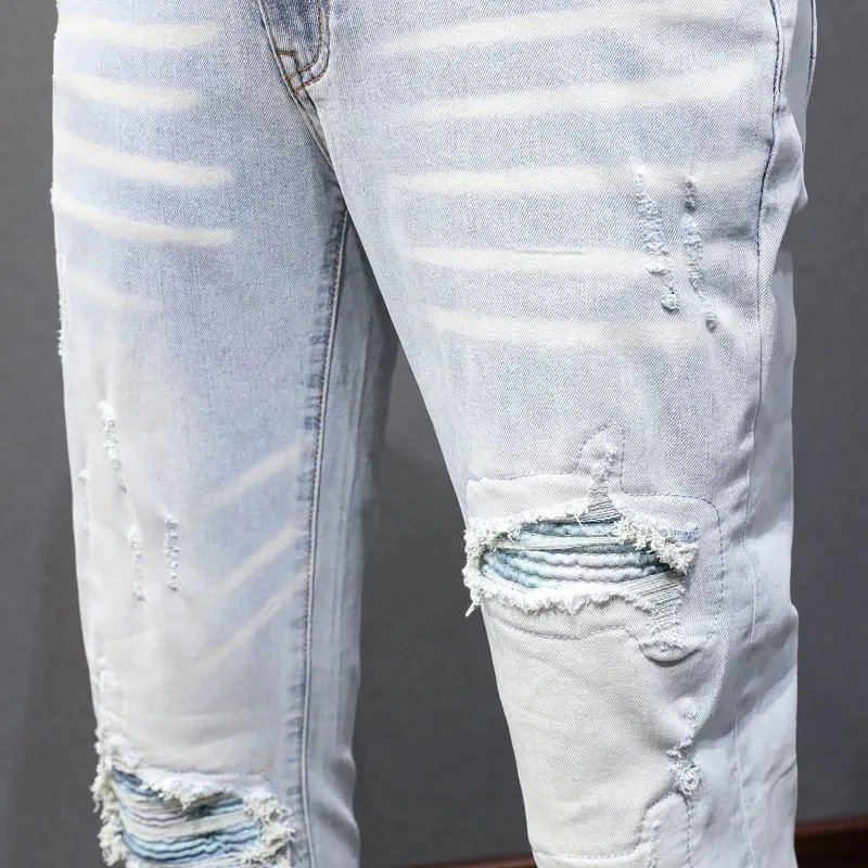 Fashionable new men's jeans with perforated patches washed, nostalgic stretch, slim fit, retro light blue jeans, high street hip